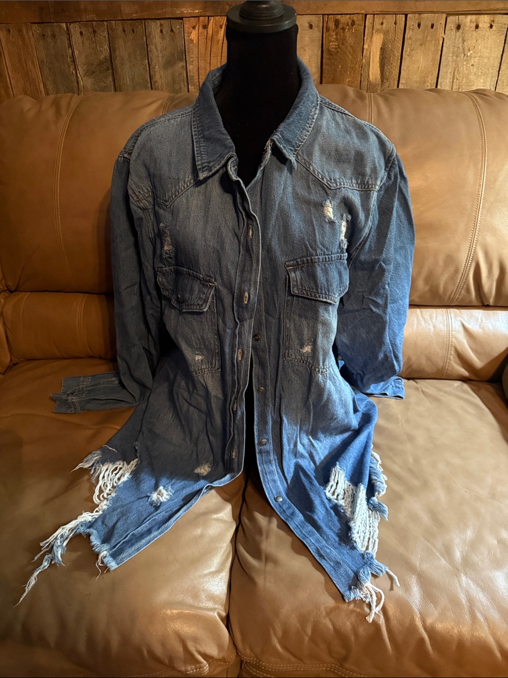 Men's Distressed Denim Button-Down Shirt Jacket - Blue